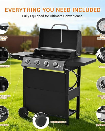 4-Burner Stainless Steel Gas Grill | 34,000 BTU Total Output & 421 sq.in Cooking Area | Powerful Even-Heat System for Large Family BBQs & Backyard Parties