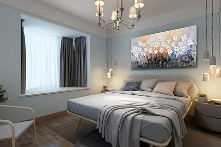 Yihui Arts Hand-Painted Oil Painting on Canvas Textured White Floral Wall Art Modern Horizontal Decor for Living Room Bedroom Office