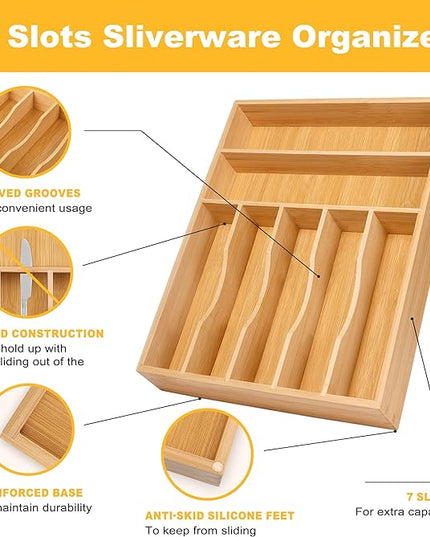 Kitchen Bamboo Silverware Organizer, Kitchen Drawer Organizer - Utensil Holder and Cutlery Tray with Grooved Drawer Dividers for Flatware 7 Slot, Natural