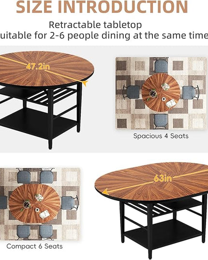 VFK 47.2"-63" Extendable Round Dining Table Set for 4–6, Solid Wood & Metal Table with Wine Rack Storage Shelf, Walnut Kitchen Furniture with 6 Upholstered Chairs (Storage Table and 6 Black Chairs)
