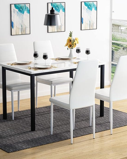 AWQM 5 Pieces Dining Table Set, Kitchen Table Set with Faux Marble Top Table and 4 Faux Leather Upholstered Chairs for Kitchen, Breakfast Nook, Dining Room, White+Beige, 47.25" L x 27.56" W x 30.1" H