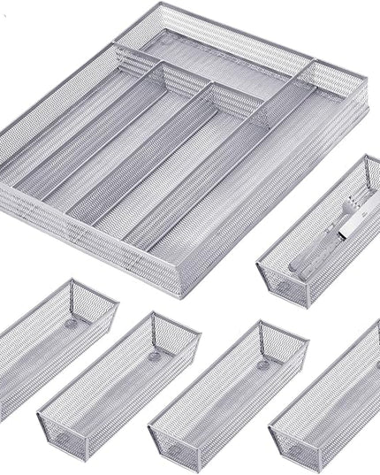 Neudeco Drawer Organizer Set 6 Pack - 5-Compartment Silverware Organizer Tray + 5 Utensil Trays, Kitchen Drawer Organizer for Flatware, Cutlery, Office Supplies, Silver Mesh, Non-Slip