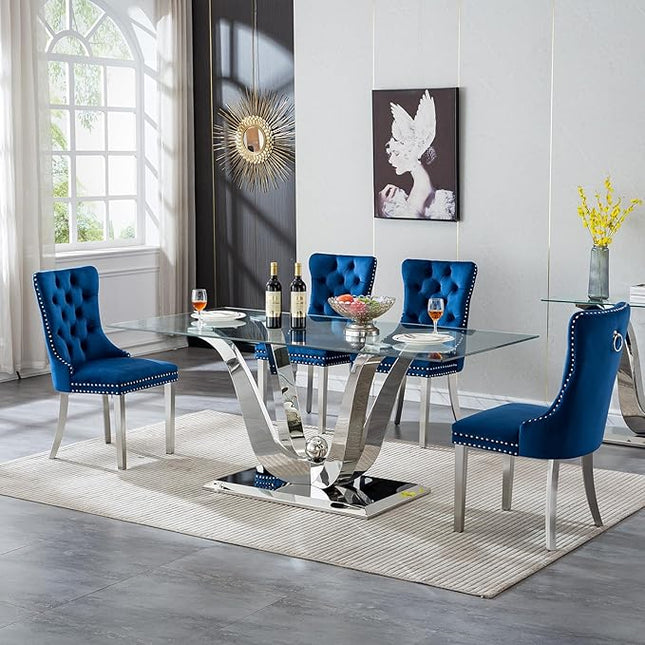 7-Piece Glass Dining Table Set w/6 Blue Upholstered Dining Chairs, 70in Rectangular Large Kitchen Table Set for 6, Glass and Silver Dining Table and Chair Set for 6