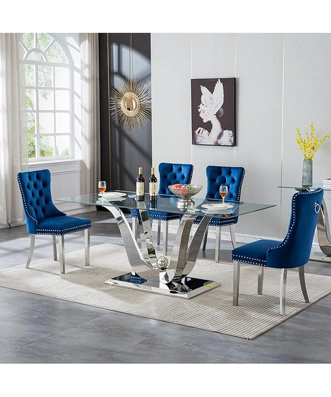 5-Piece Glass Dining Table Set w/4 Blue Upholstered Dining Chairs, 70in Rectangular Large Kitchen Table Set for 4, Glass and Silver Dining Table and Chair Set for 4