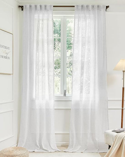 White Sheer Linen Curtains 90 Inches Long for Living Room 2 Panels Back Tab Pocket Draperies Light Filtering Semi Sheer Curtains for Bedroom Modern Farmhouse Cottage Decor Wide 42x90 Inch Length