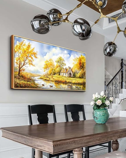ERQINHUA Large Wall Decoration Canvas For Bedroom Wall Art For Living Room Office Decor Yellow Pastoral Creek Landscape Painting Wood Frame Pictures Art Print Farmhouse Home Wall Aesthetics 24"x48"