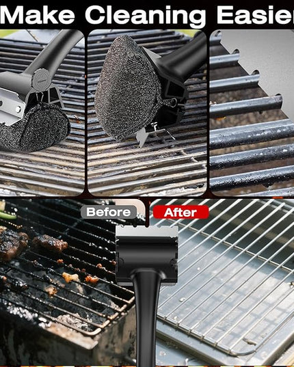Grill Brush for Outdoor BBQ - Replaceable Bristle Free Heading and Reinforced Scraper - Safe BBQ Brushes for Porcelain/Gas/Charcoal/Smoker/Cast Iron Grill - Cleaning Brush(Black)