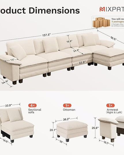 157-Inch L Shaped Sectional Sofa with Cloud Cushions, Deep Seat Modular Couch Set w/ 5 Seats & 1 Ottomans, Plush Chenille & Corduroy Upholstery for Living Room, Apartment - Beige
