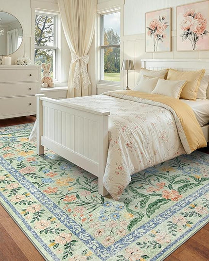 Wonnitar Boho Washable Rugs 8x10, Large Floral Rugs for Bedroom, 8 x 10 Soft Green Living Room Carpet, Non Slip Ultra-Thin Carpet for Kids Playroom Dorm Dining Room