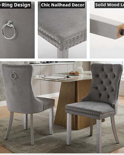 Modern 5-Piece Glass Dining Table Set for 4, Modern 60" Rectangle Silver Glass Dining Room Table Set with Light Grey Velvet Tufted Chairs Wood Legs for Kitchen Dining Room