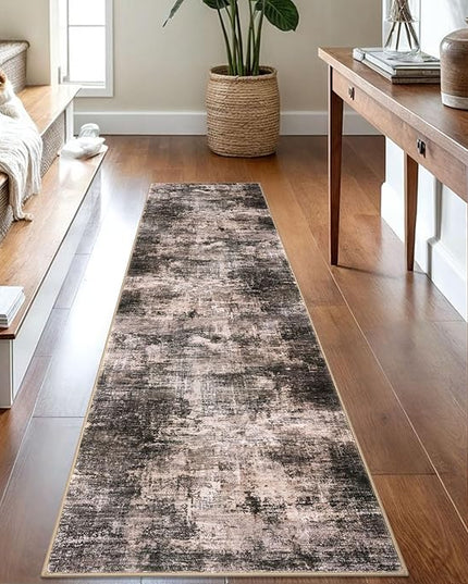 IOHOUZE Abstract Runner Rug 2x8 Ft Washable Runners for Hallways, Non Slip Kitchen Runner Printed Faux Wool Entryway Runner Indoor, Modern Abstract Floor Carpet for Hall Kitchen Bedroom, Brown/Rust