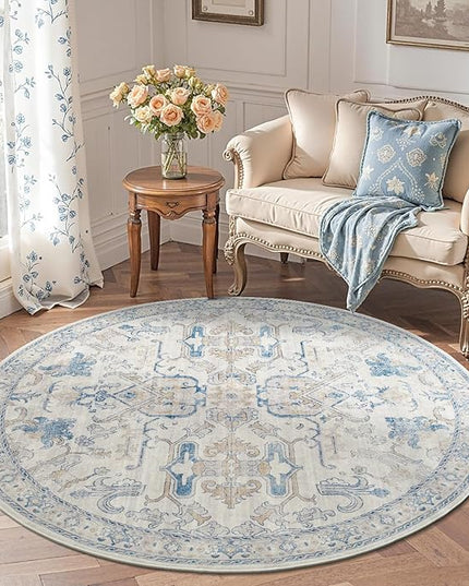 jinchan Round Rug 5ft Area Rug Indoor Vintage Floral Circle 5' Washable Ultra-Thin Low Pile Soft Small Non Slip Distressed Print for Living Room Dining Room Bedroom Entryway Blue