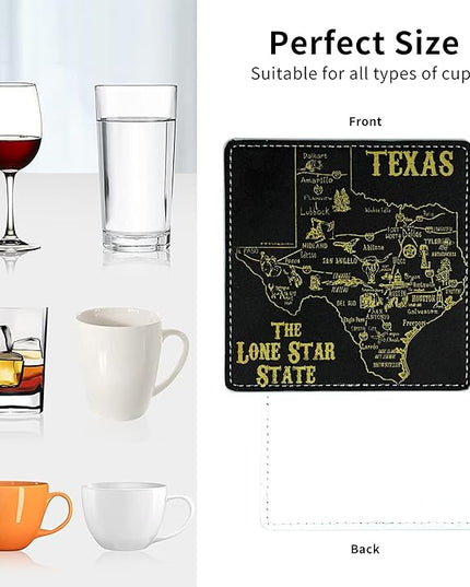 Marble Coasters Square Leather Drinks Coaster Set with Holder for Coffee Table Bar Home Decor 4 Inches Set of 6 (Texas, One Size)