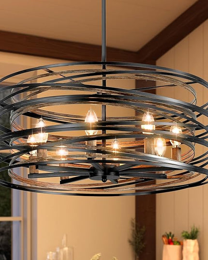 Black Farmhouse Chandelier,23.6" Drum Chandelier Farmhouse Chandeliers for Dining Room Wood Grain Metal Large Dining Room Light Fixture Pendant Light Fixtures for Kitchen Living Room Bedroom Entryway