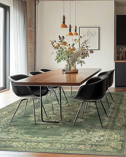 jinchan Green Floral 8x10 Area Rugs for Living Room - Machine Washable Vintage Distressed Design Soft Throw Rug Non-Slip Large Christmas Carpet for Bedroom Nursery Home Office (8x10ft, Dark Green)