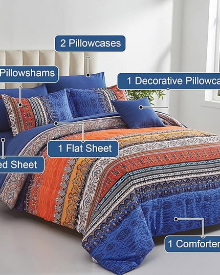Cottolester Boho Comforter Set King Size 8 Piece Bed in a Bag Burnt Orange Paisley Fall Comforter and Sheet Set Bohemian Striped Bedding Set,Soft Microfiber Complete Bedding Set