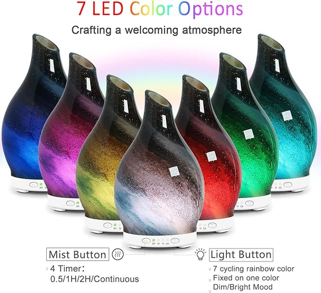 Essential Oil Diffuser 120ML, Glass Aromatherapy Diffuser with 4 Timer Settings & 7 Color Changing Lights, Waterless Auto Shut-Off, Ultra Quiet Oil Diffuser for Home, Office, Yoga, Spa and Sleeping