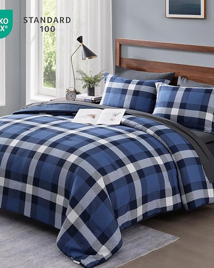 MaiRêve Queen Size Plaid Comforter Set Indigo Blue, Classic Checkered 7 Pieces Farmhouse Bedding Set, All Season Lightweight Bed in A Bag with Sheets, Pillowcases & Shams