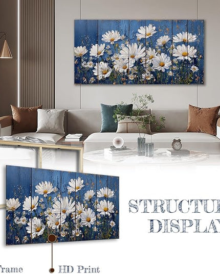 HUADAOART Canvas Wall Art Blue White Daisy Flowers 40 x 20 Inches Contemporary Living Room Bedroom Decor Ready to Hang