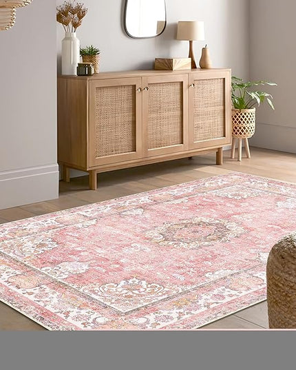 Pink Rug 4'x6.5',Washable Area Rugs for Bedroom Living Room Kitchen Entryway Bedside,Small Boho Vintage Bohemian Distressed Oriental Non Slip Carpet,Blush Floral Flowers