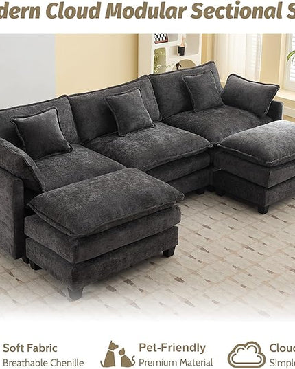 111'' Sectional Cloud Deep Seat Couch, Oversized Chenille U Shaped Sectional Sofa for Living Room Set, Comfy Upholstered Modular 5-Seats Sectional Sofa Couch with 2 Movable Ottoman, Dark Grey