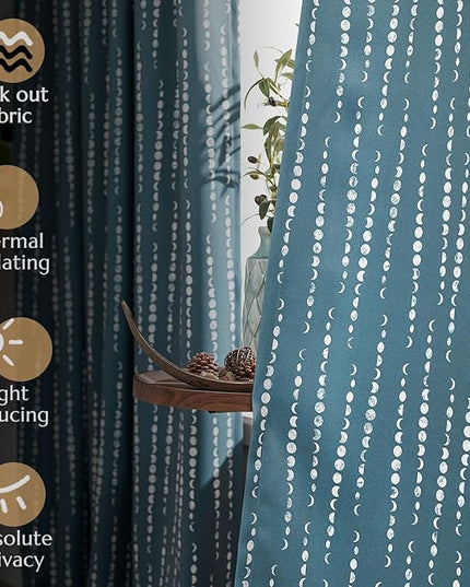 jinchan 95% Blackout Bohemian Moon Phase Print 84 Inch Long Blue Curtain Suitable for Bedroom, Living Room, Nursery, Farmhouse, Pole Mouth, Back Label, Insulated Window Treatment Set 2 Panels