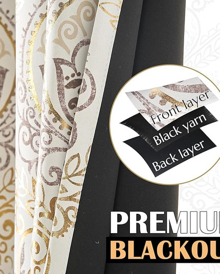 jinchan Blackout Curtains 63 Inches Long Golden Foil Damask Medallion Window Curtains for Bedroom Grommet Thermal Insulated Drapes for Living Room Vintage Luxury Window Treatments Set 2 Panels