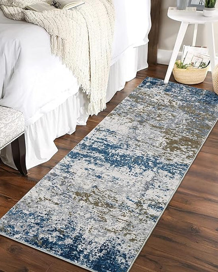 2x6 Modern Abstract Runner Rug Non Slip Soft Machine Washable Stain Resistant Rugs Low Pile Non Shed Rug for Hallway Kitchen Bathroom, Navy
