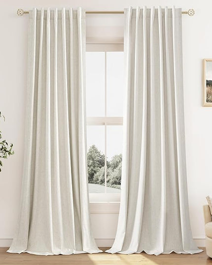 Guken Cream Linen Blackout Curtains 130 Inch Length 2 Panels Set for Living Room Bedroom Back Tab Thermal Insulated 100% Black Out Linen Drapes Room Darkening Window Curtains