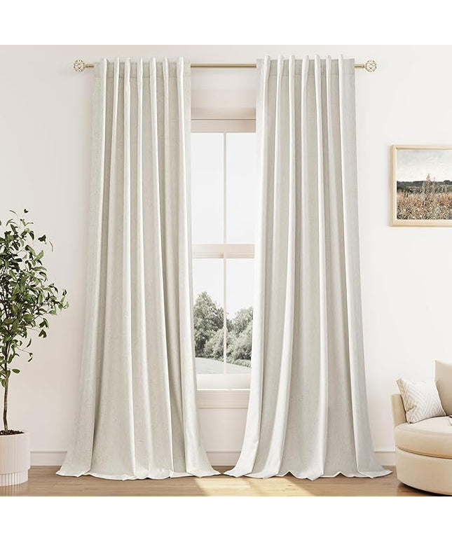 Guken Cream Linen Blackout Curtains 144 Inch Length 2 Panels Set for Living Room Bedroom Back Tab Thermal Insulated 100% Black Out Linen Drapes Room Darkening Window Curtains