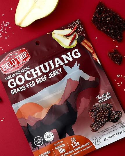 Field Trip Grass Fed Beef Jerky, Healthy Gluten Free Snacks, All Natural, Paleo-Friendly Beef Jerky, High Protein, Low Carb Snack with No Nitrates, 1oz Bag, 12 Pack, Gochujang Korean BBQ