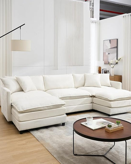 U-Shaped Modular Sectional Sofa Set with Ottomans - 108" Modern Corduroy Cloud Couch for Living Room (3-Seater + 2 Movable Ottomans + 3 Pillows) - Chenille Fabric in Beige
