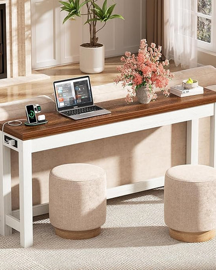 Cyclysio 63" Console Tables for Entryway, Long Console Tables for Living Room, Behind Couch Table, Sturdy Wood Support Farmhouse Entryway Table with 3AC+2USB Charging‌ Station, Rustic Oak