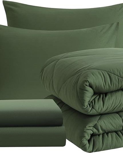 NTBAY Twin Comforter Set with Sheets, 5 Pieces Soft and Breathable Twin Bedding Set, Twin Bed in a Bag, Down Alternative Comforter Set Solid Color All Season, Kids Bedding Set, Olive Green