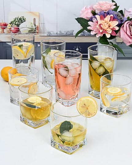 Everyday Drinking Glasses Set of 8 Drinkware Kitchen Glasses for Cocktail, Iced Coffee, Beer, Ice Tea, Wine, Whiskey, Water, 4 Tall Highball Glass Cups & 4 Short Old Fashioned.