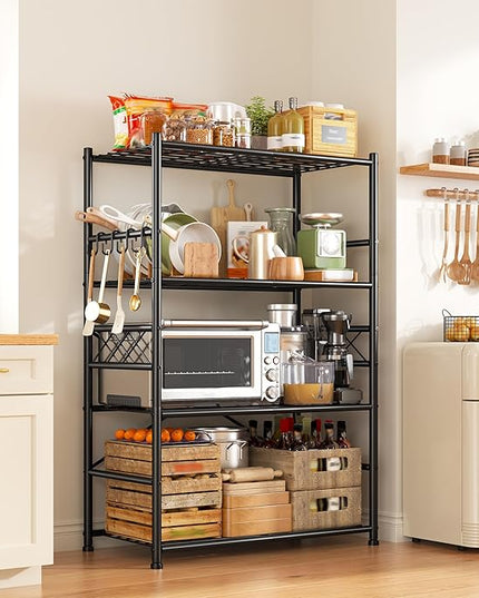 Storage Shelves 4-Tier Large Capacity Metal Shelving with Hooks, Heavy Duty Garage Shelving Unit with Leveling Feet, Stable Metal Shelves for Pantry, Kitchen and Closet,36" W x 12" D x 60" H, Black