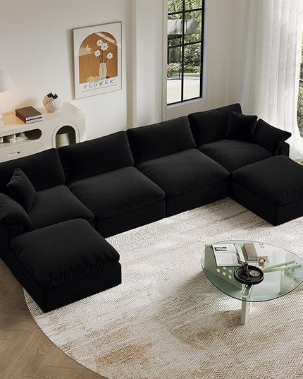 Modular Sectional Sofa,Extra Comfty Deep-Seat-Filled Couch,Black 6 Seat U Shape Sofas with Movable Ottoman,Modern Couches for Living Room, Apartment, Office,Small Space