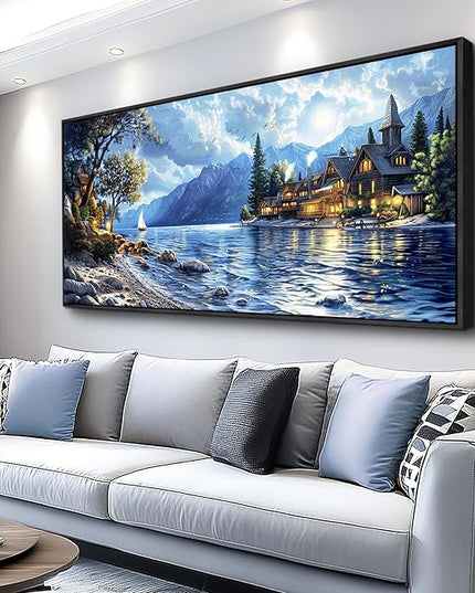 XIGUANGART Coastal Wall Art Blue Ocean Picture Mountain Wall Decor Lake Beside Countryside Large Canvas Print Art for Living Room Bedroom Home Office Forest Scenery Painting Decoration Framed Artwork