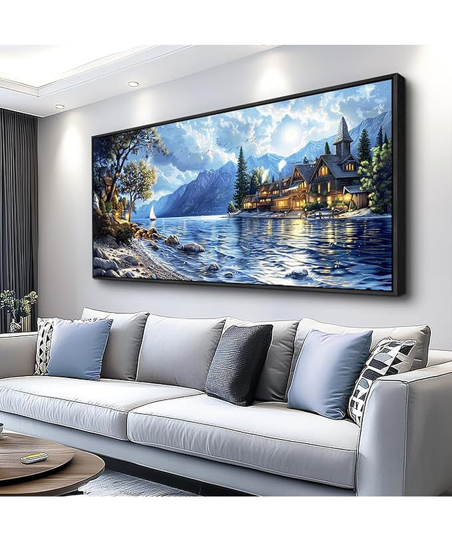 XIGUANGART Coastal Wall Art Blue Ocean Picture Mountain Wall Decor Lake Beside Countryside Large Canvas Print Art for Living Room Bedroom Home Office Forest Scenery Painting Decoration Framed Artwork