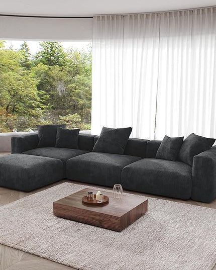 JACH Modern Corduroy Sectional Couch, Modular Sectional Sofa with Chaise Ottoman, Cushion Covers Removable, Oversized Deep Seat Soft Couches for Living Room, Office (Black)