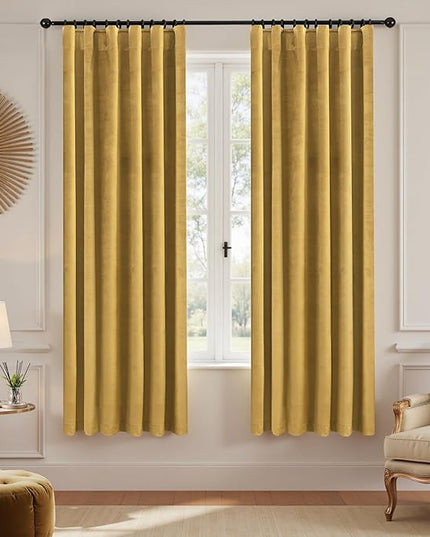 KOUFALL Gold Velvet Curtains 63 Inch Length for Living Room, Luxury Christmas Black Out Art Deco Curtains for Bedroom Dining Room