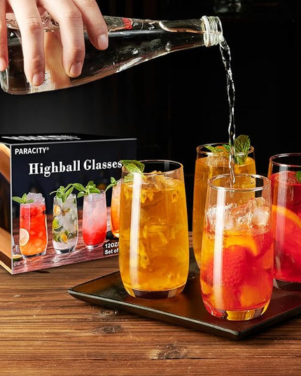 PARACITY Highball Glasses Set of 4, Drinking Glasses 12 Oz, Clear Glass Cups, Tall Tumbler Water Glasses, Glassware Set for Cocktail, Coffee, Mojitos