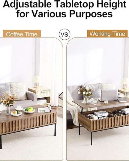 Lift Top Coffee Table with Storage Wooden Coffee Table Wave Stripe Dining Table for Living Room,43in,Teak