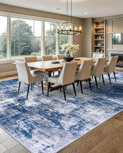 IOHOUZE Abstract Area Rugs 9x12 Ft Washable Large Rugs for Living Room, Non Slip Dining Room Rug, Printed Faux Wool Rugs for Bedroom, Floor Carpet for Office Nursery Playroom, Navy/Grey