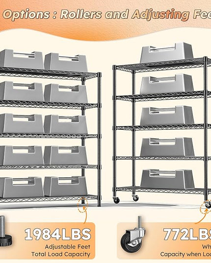 REIBII Storage Shelves with Wheels Wide Wire Shelving Unit with Wheels 75.2"H Tall Metal Shelves for Storage Sturdy Heavy Duty Shelving Deep Pantry Shelves 5 Tier Storage Rack, Keep Organized, 2 Pack