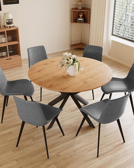 43.2"-59.1" Extendable Round Dining Table Set of 7, Round Kitchen Table with Thickened MDF Board, Oak Coffee Table,Steel Legs