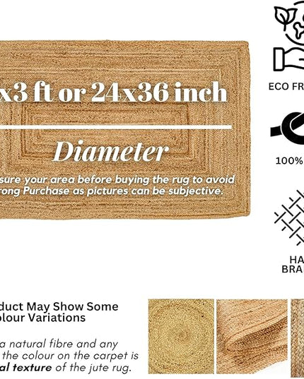 Hand Woven Jute Area Rug - 2’x3’ Feet - Rustic Beige Reversible Rectangular Rugs for Bedroom, Kitchen, Living Room - Vintage Natural Braided Entry Floor Décor Boho Jute Rug 2x3 Feet
