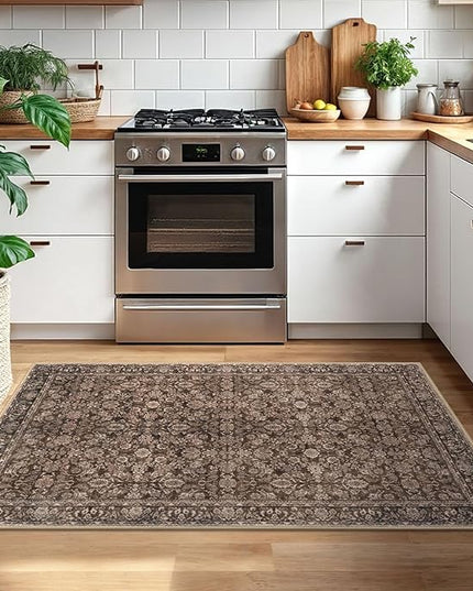 3x5 Washable Area Rug for Entryway, Rust Reddish Brown Soft Floral Rug with Non-Slip, Low-Pile Vintage Neutral Area Rugs for Entryway Nursery Bedroom Dining, Dorm Carpet with Non-Shedding