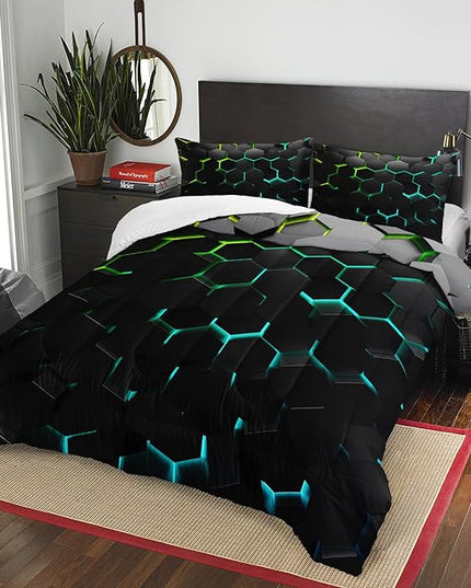 Geometric Green Black Neon Comforter Set,Light Honeycomb 3 Piece Bedding Set Twin for Teen Boys,Modern Bedding Quilt Set Geometry Decor,Microfiber Lightweight 1 Comforter 2 Pillowcases All Season