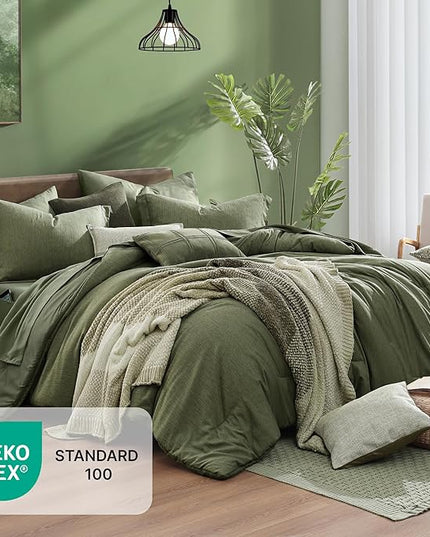 Monbix Oversized Queen Comforter Set - 7 Pieces Cationic Dyeing Olive Green Bed in a Bag Bedding Sets with Comforter, Sheets, Pillowcases & Shams, Reversible Bedding Comforters Sets